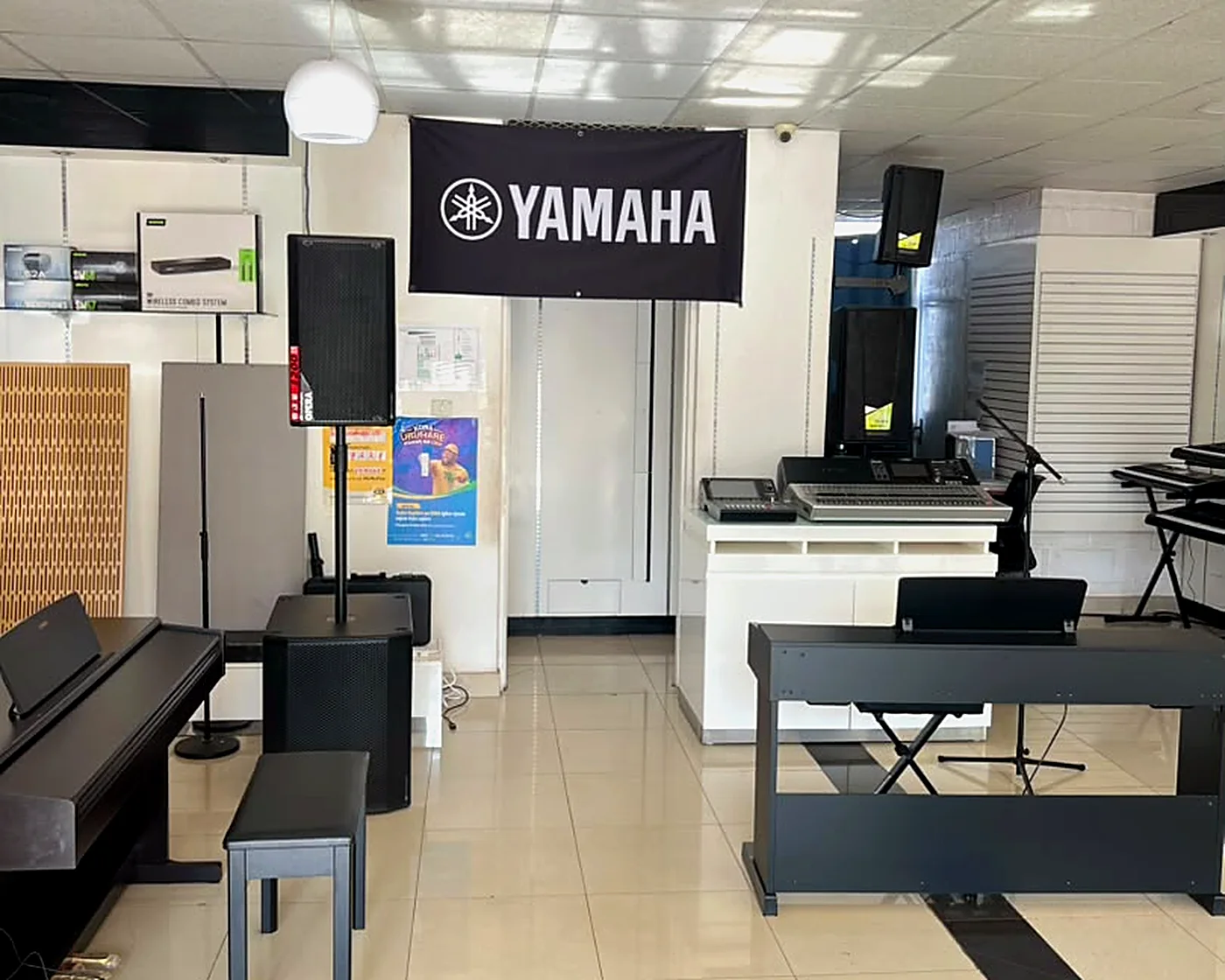 Yamaha display at the Sound Creations Rwanda showroom in Kigali
